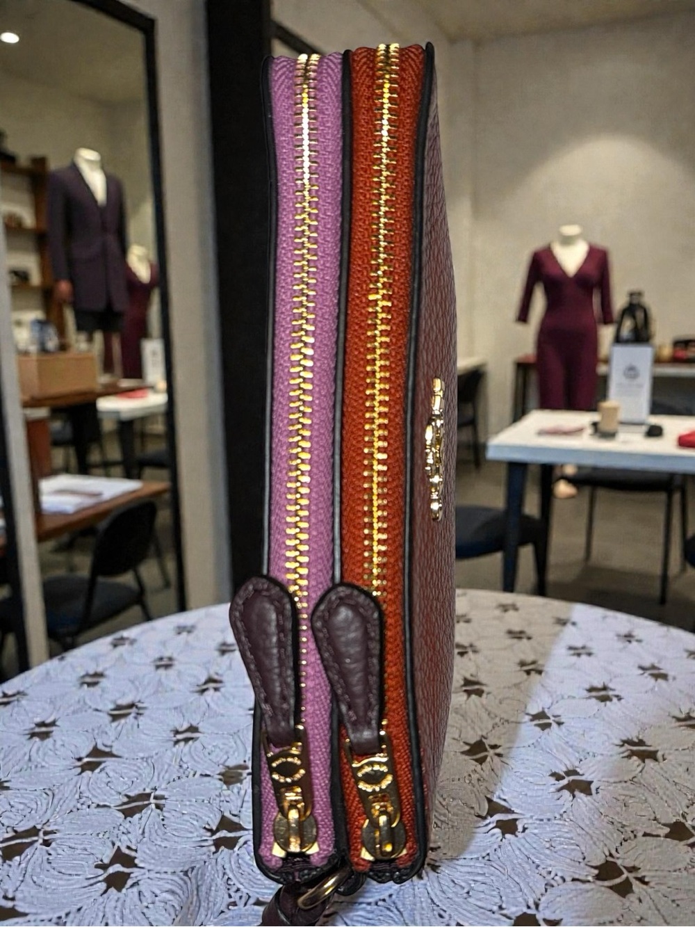 NWT Coach Pebbled Leather Double Zip Wristlet Colorblock Burnt Orange Pink $98 - Picture 9 of 15